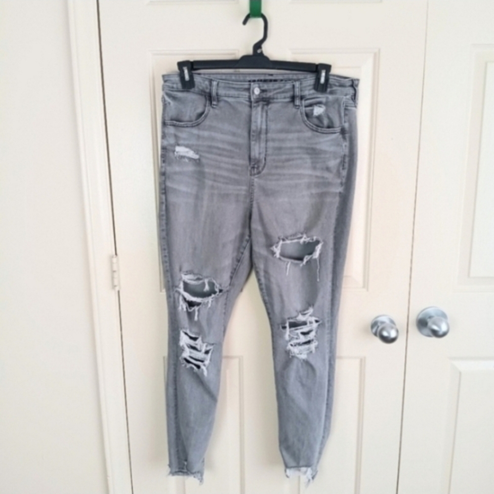 American Eagle Women Faded Black Distressed Hi-Rise Stretch Jeggings Size 18 - Picture 2 of 6